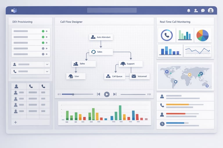 Clean Microsoft Teams Phone management dashboard showing DDI provisioning, call flow design, and real-time operational monitoring interface Clean Microsoft Teams Phone management dashboard showing DDI provisioning, call flow design, and real-time operational monitoring interface